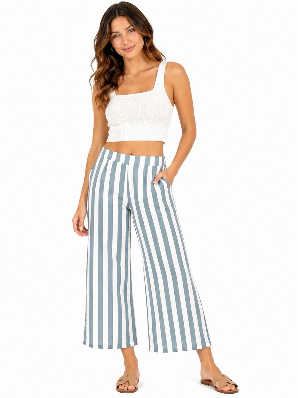 Chaser Women’s Small Teal White Striped Wide Leg Cropped Pants NWT High Rise